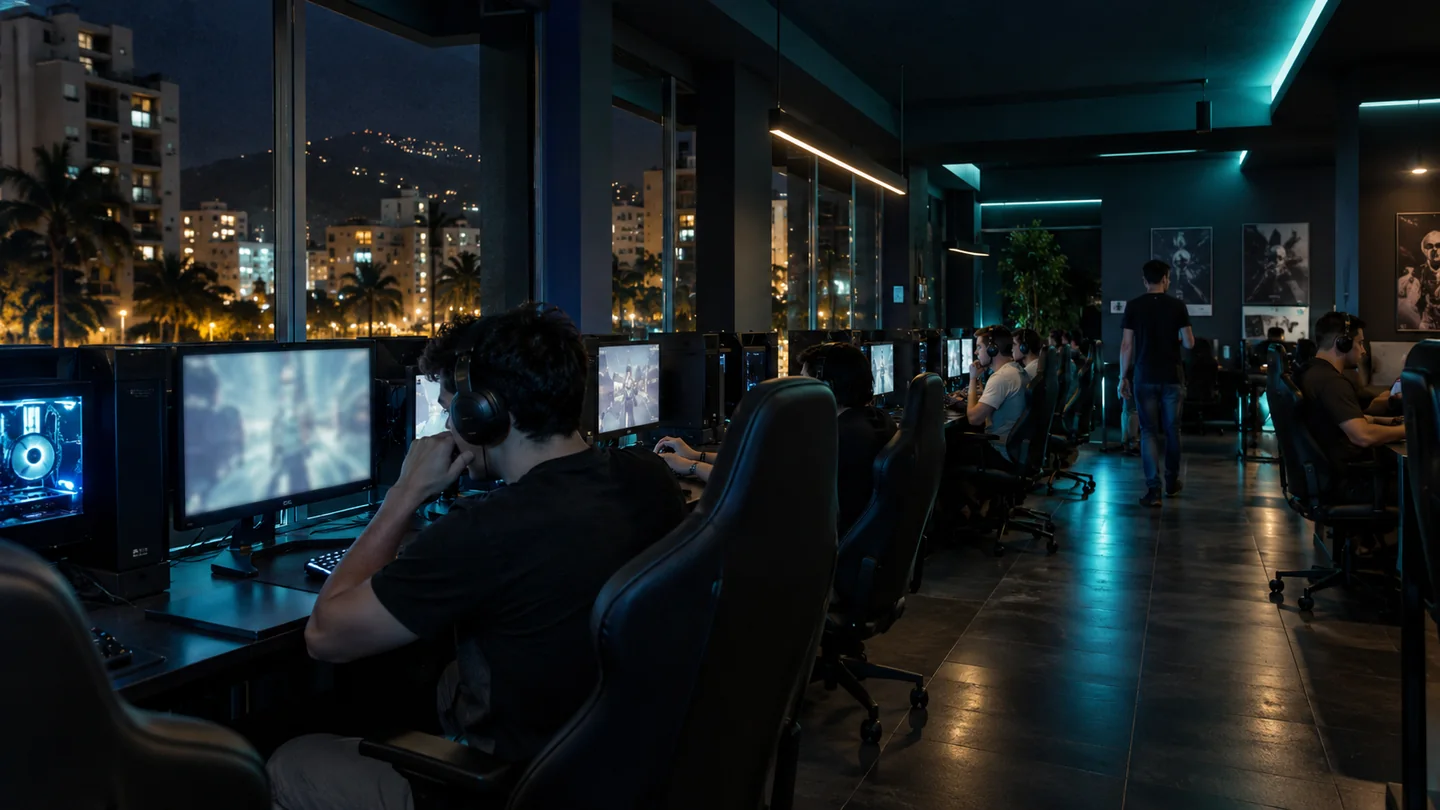 Sala de PC nocturna en Cali con luz turquesa